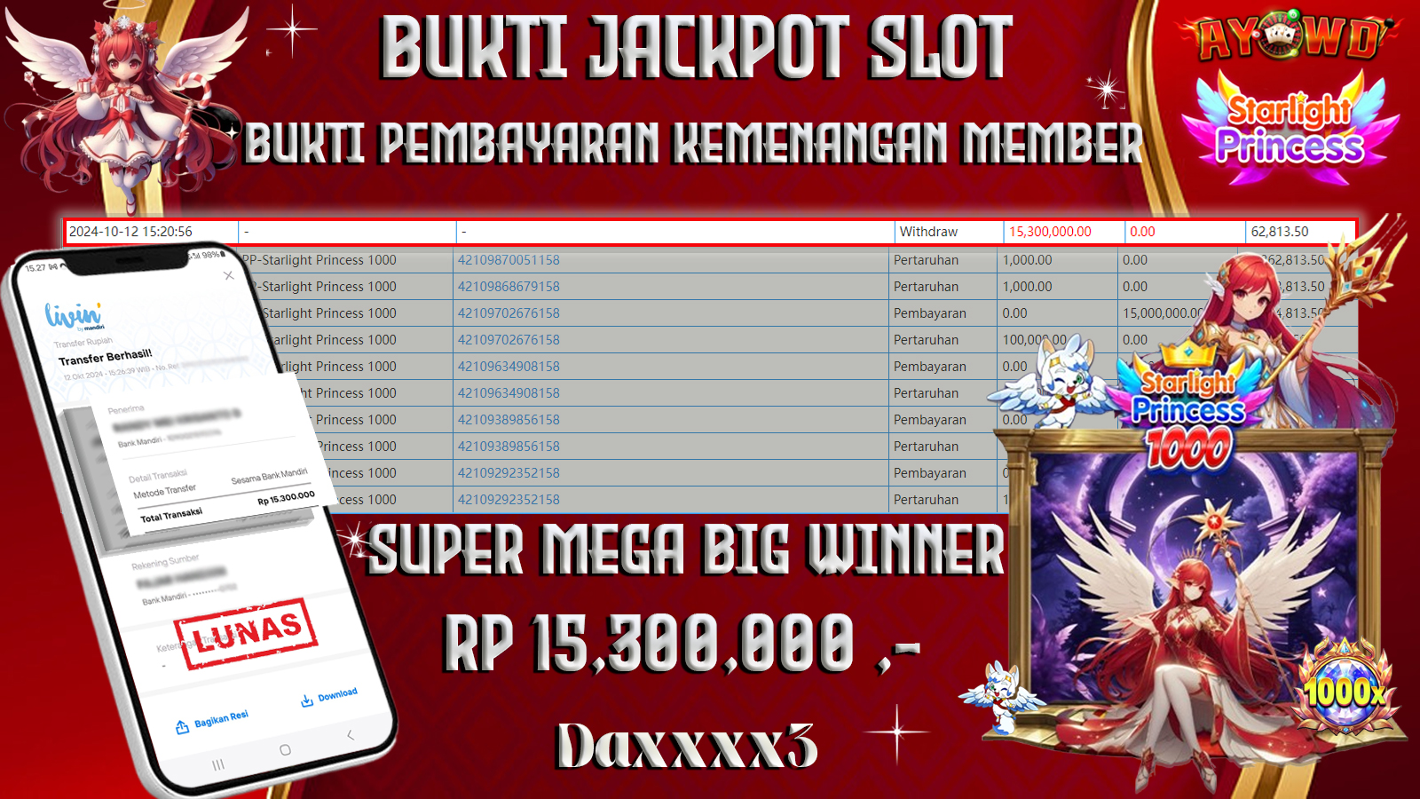 AYOWD JACKPOT SLOT GAME PP-Starlight Princess 1000  Rp 15,300,000 LUNAS