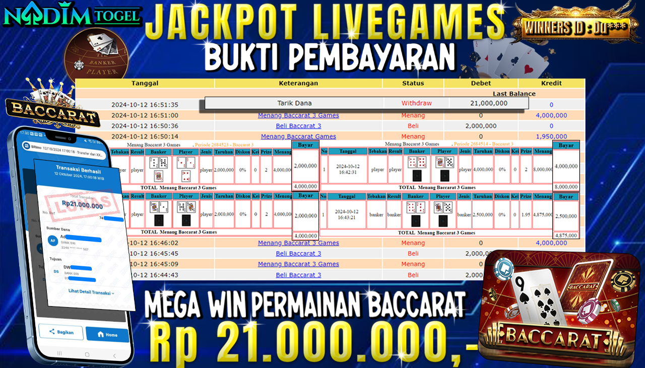 NADIMTOGEL JACKPOT LIVEGAMES BACCARAT Rp.21,000,000  - LUNAS