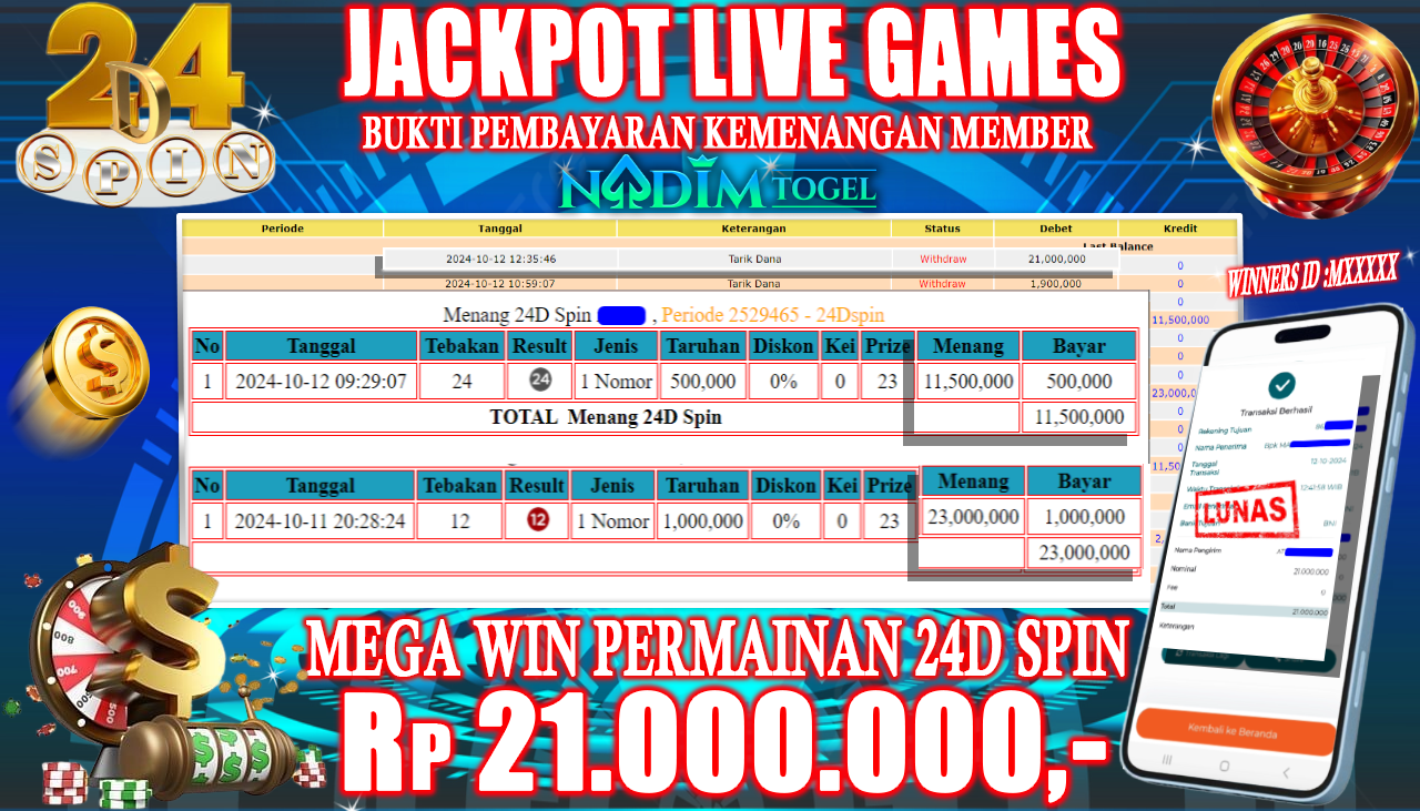 NADIMTOGEL JACKPOT LIVE GAMES 24D SPIN Rp.21,000,000  - LUNAS