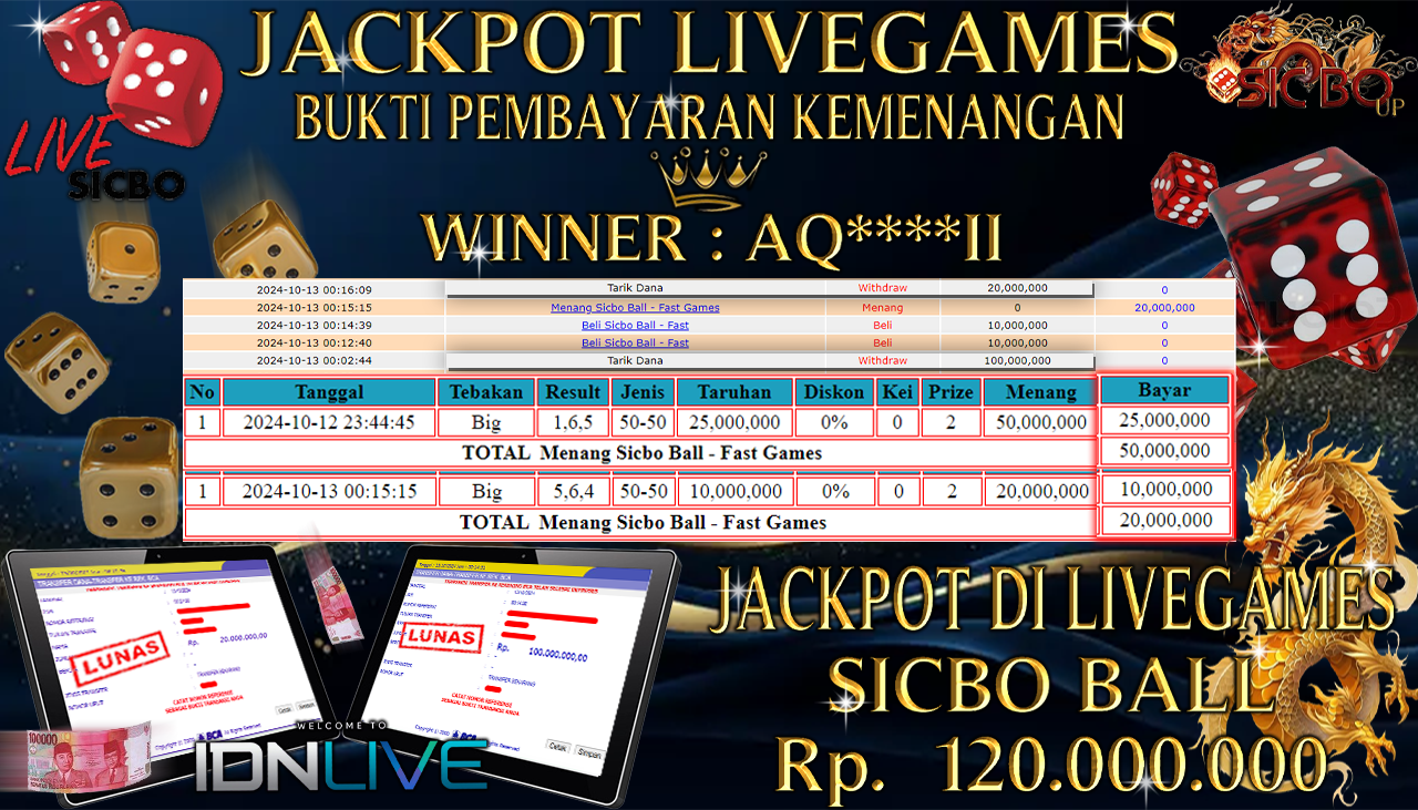 NADIMTOGEL JACKPOT LIVEGAMES SICBO BALL Rp. 120,000,000  - LUNAS