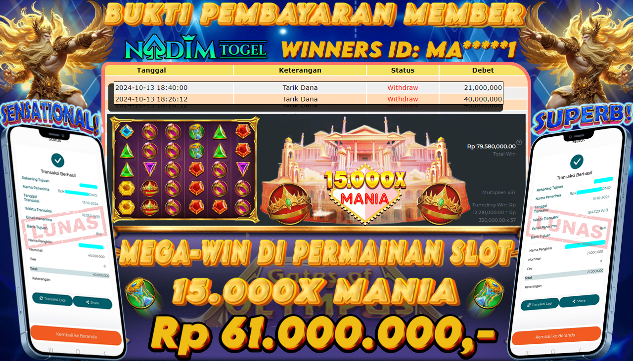 NADIMTOGEL JACKPOT SLOT 15.000x Mania Rp 61.000.000,- LUNAS