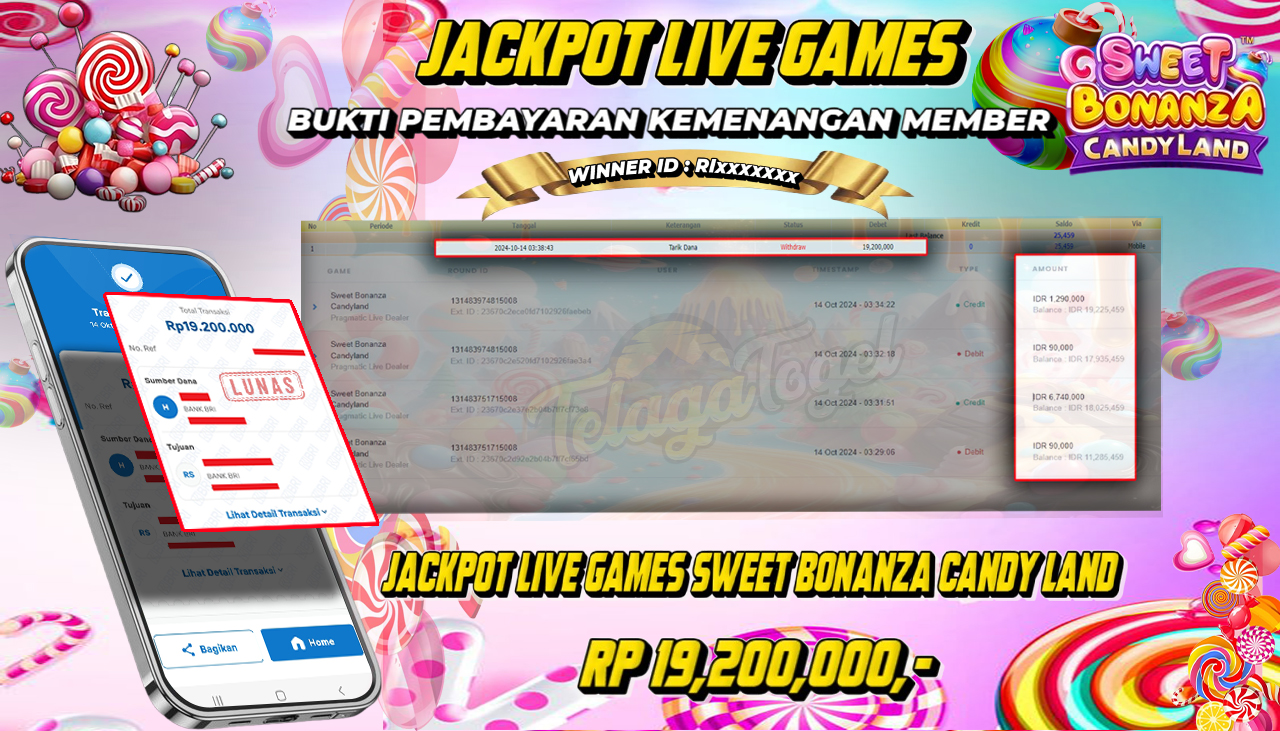 TELAGATOGEL JACKPOT LIVE GAMES SWEET BONANZA CANDY LAND Rp 19,200,000,- LUNAS