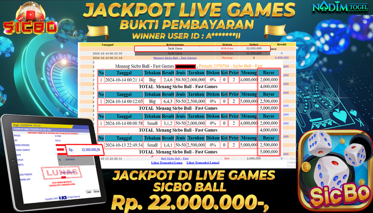 NADIMTOGEL JACKPOT LIVE GAMES SICBO BALL Rp 22.000.000,- LUNAS