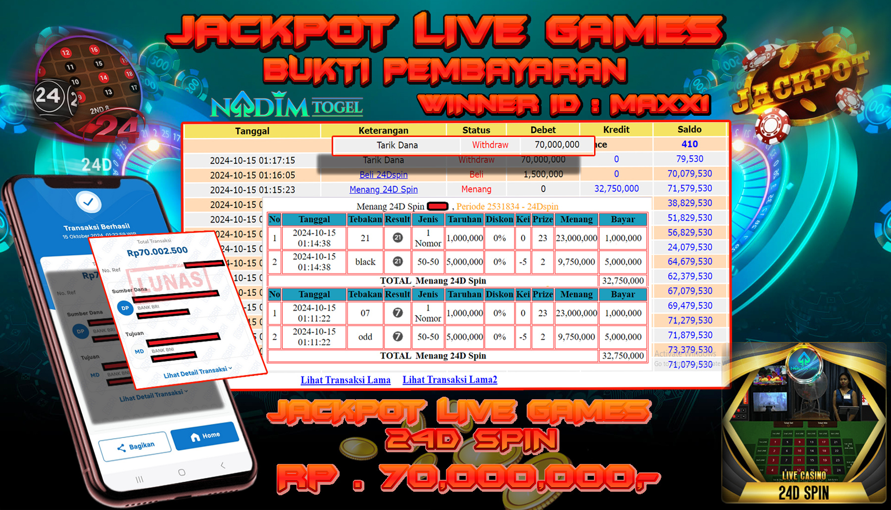NADIMTOGEL JACKPOT LIVE GAMES 24D  Rp 70,000,000,- LUNAS