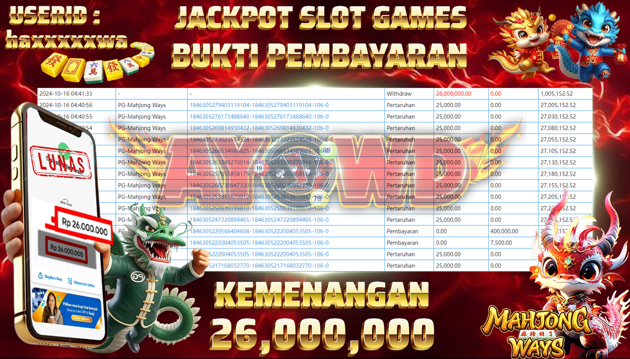 AYOWD JACKPOT SLOT GAME PG-Mahjong Ways Rp 26,000,000 LUNAS