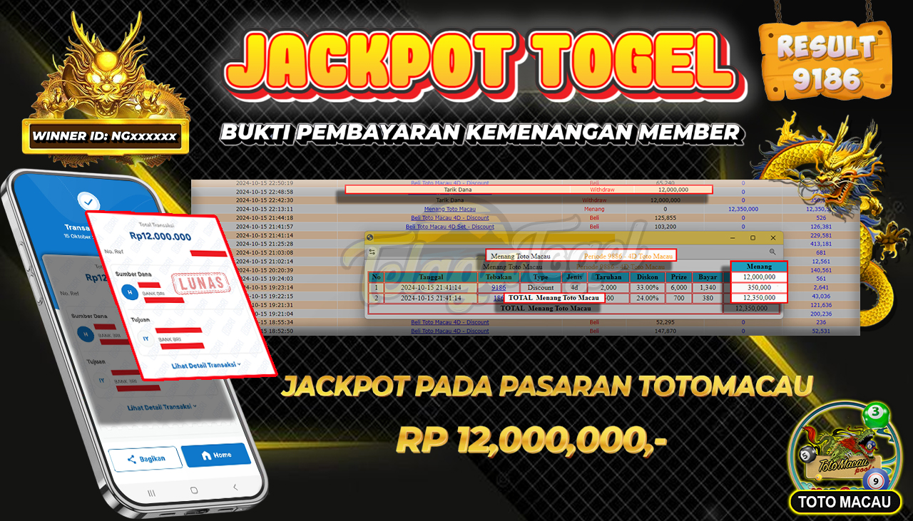TELAGATOGEL JACKPOT TOGEL TOTO MACAU POOLS Rp 12,000,000,- LUNAS