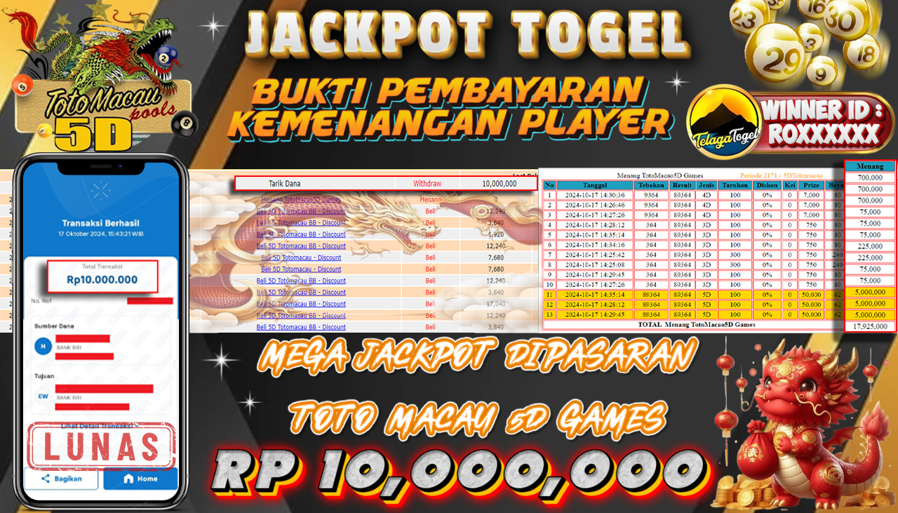 TELAGATOGEL JACKPOT TOGEL TOTO MACAU 5D Rp 10,000,000,- LUNAS