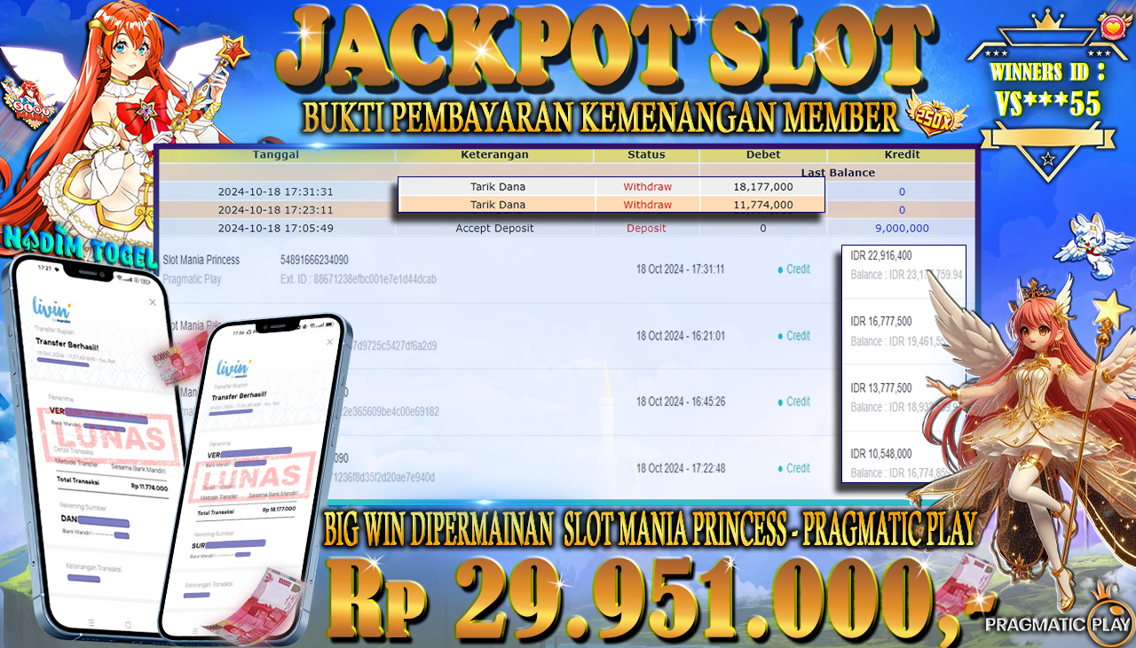 NADIMTOGEL JACKPOT SLOT MANIA PRINCESS Rp 29.951.000,- LUNAS