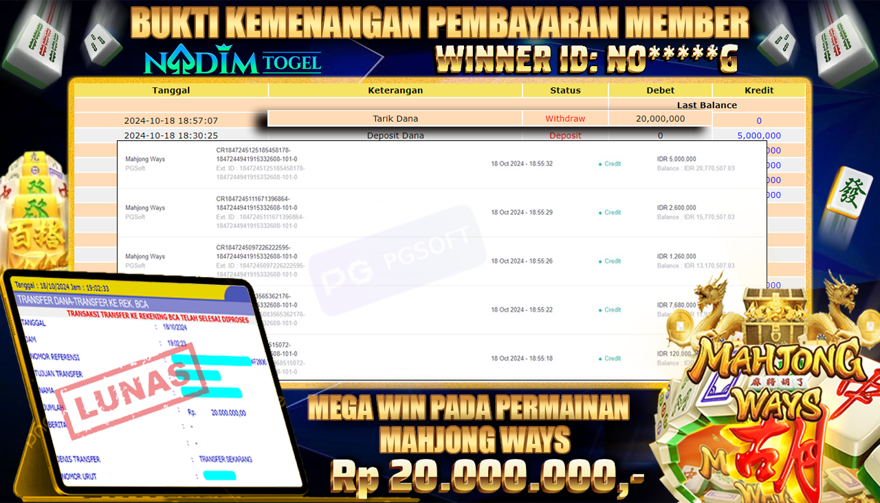 NADIMTOGEL JACKPOT SLOT MAHJONG WAYS  Rp 20,000,000,- LUNAS