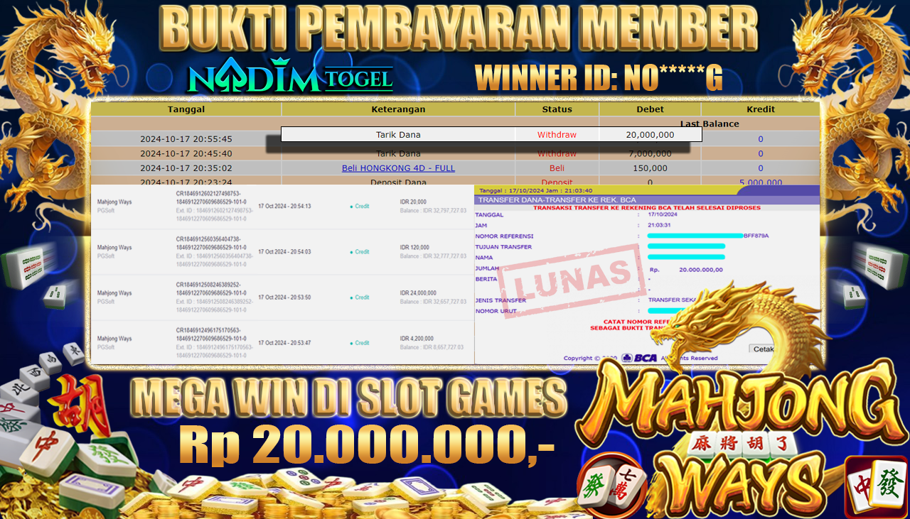 NADIMTOGEL JACKPOT SLOT MAHJONG WAYS  Rp 20,000,000,- LUNAS
