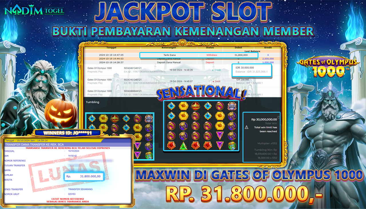 NADIMTOGEL JACKPOT SLOT GATES OF OLYMPUS 1000 Rp 31.800.000,- LUNAS