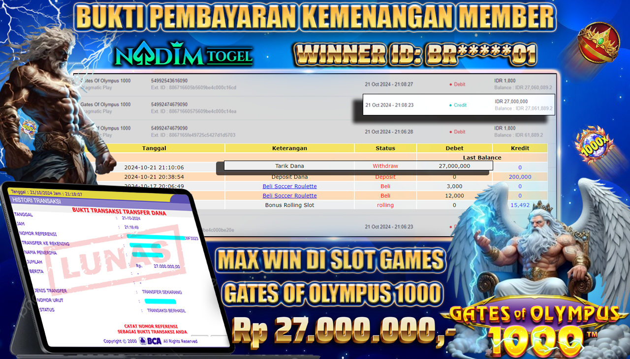 NADIMTOGEL JACKPOT SLOT GATES OF OLYMPUS 1000 Rp 27.000.000,- LUNAS