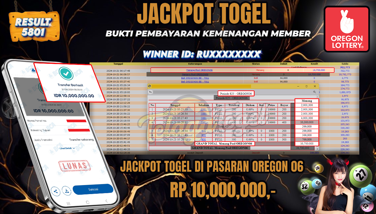 TELAGATOGEL JACKPOT TOGEL OREGON06 Rp 10,000,000,- LUNAS