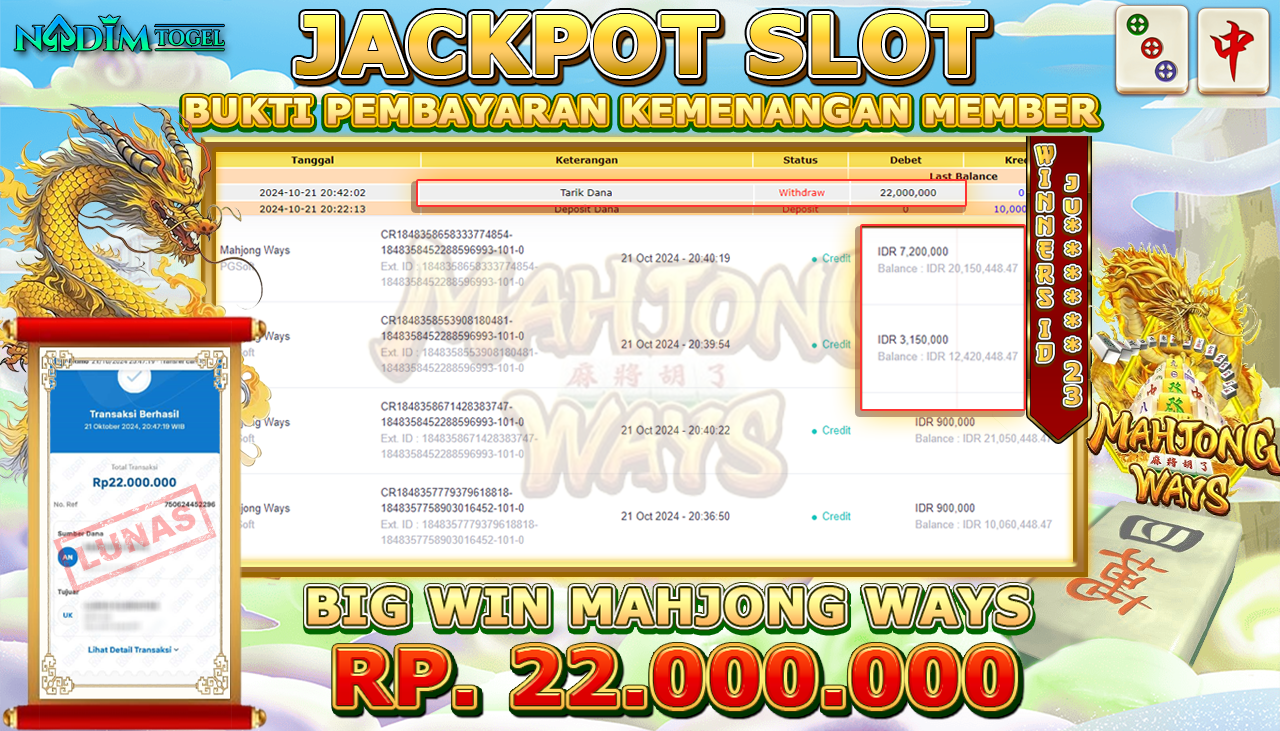 NADIMTOGEL JACKPOT SLOT MAHJONG WAYS Rp 22,000,000- LUNAS