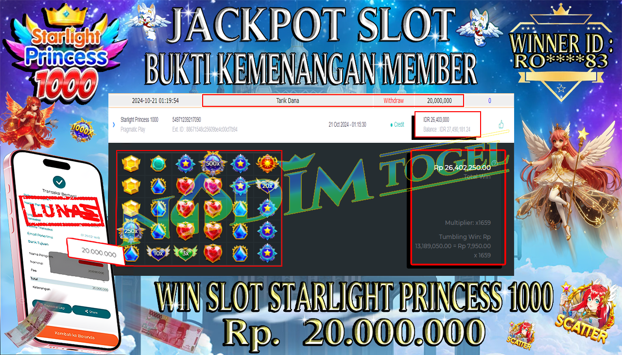 NADIMTOGEL JACKPOT SLOT STARLIGHT PRINCESS 1000 Rp 20,000,000- LUNAS