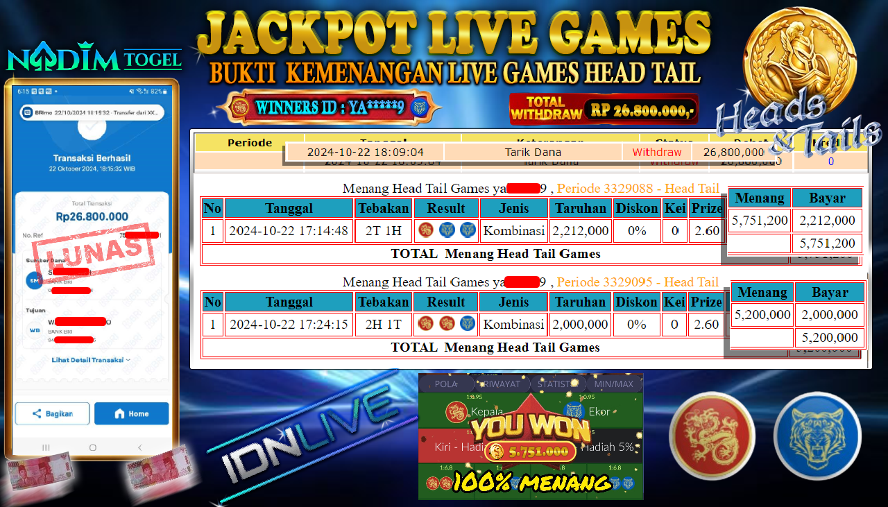 NADIMTOGEL JACKPOT LIVEGAMES HEAD&TAILS Rp 26,800,000,- LUNAS
