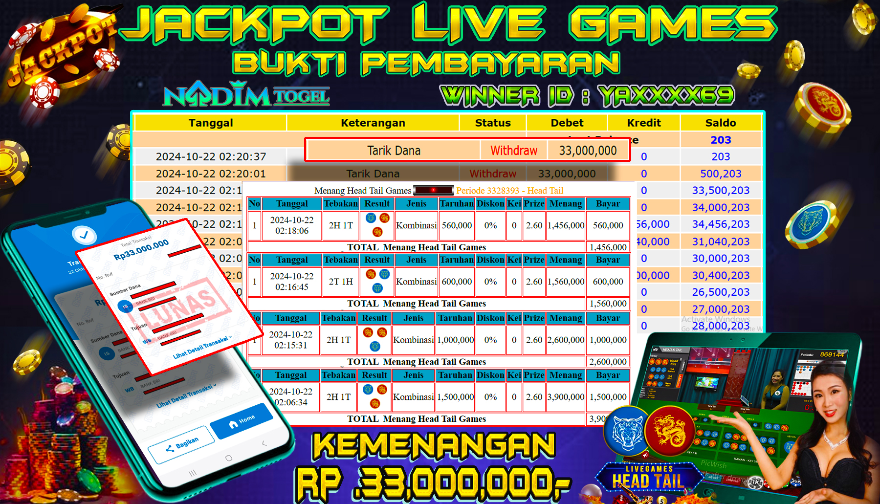 NADIMTOGEL JACKPOT LIVE GAMES HEAD TAIL Rp 33.000.000,- LUNAS