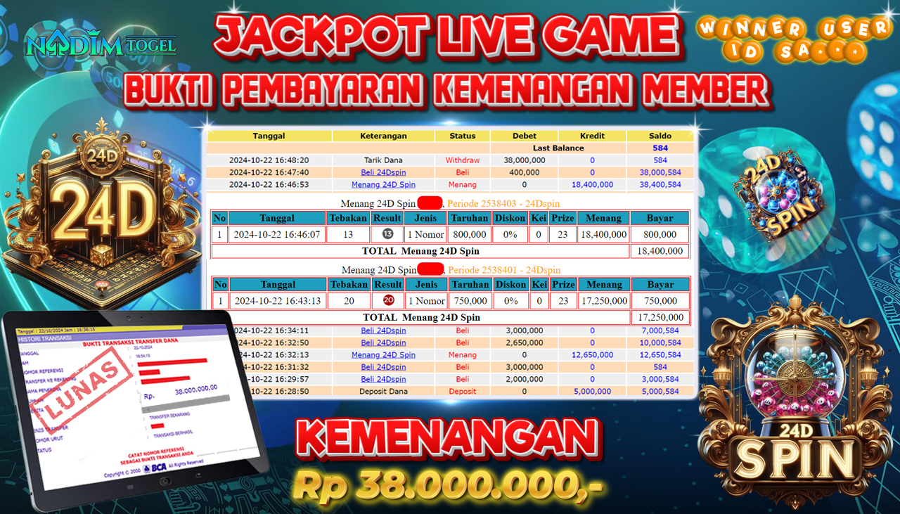 NADIMTOGEL JACKPOT LIVE GAMES 24D SPIN Rp.38,000,000,- LUNAS