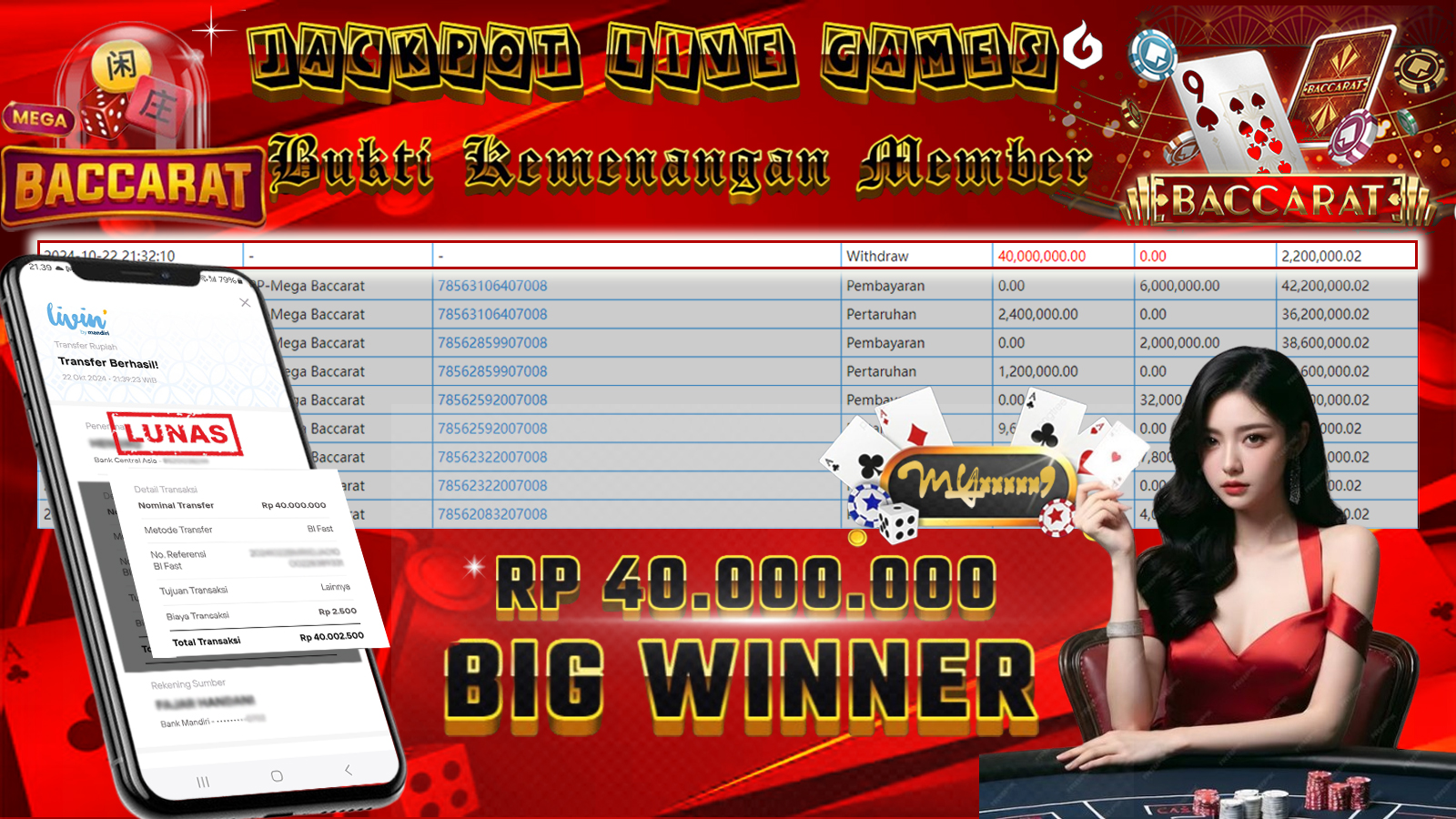AYOWD JACKPOT LIVE GAMES PP-Mega Baccarat Rp 40,000,000 LUNAS