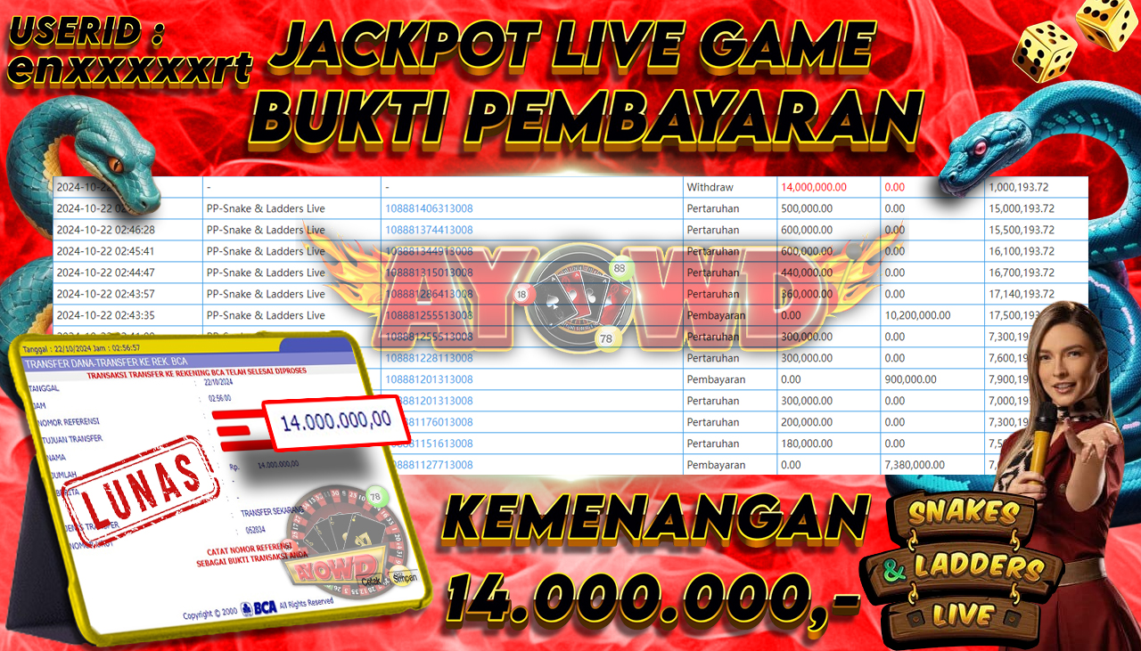 AYOWD JACKPOT LIVE GAME PP-Snake & Ladders Live Rp 14,000,000 LUNAS