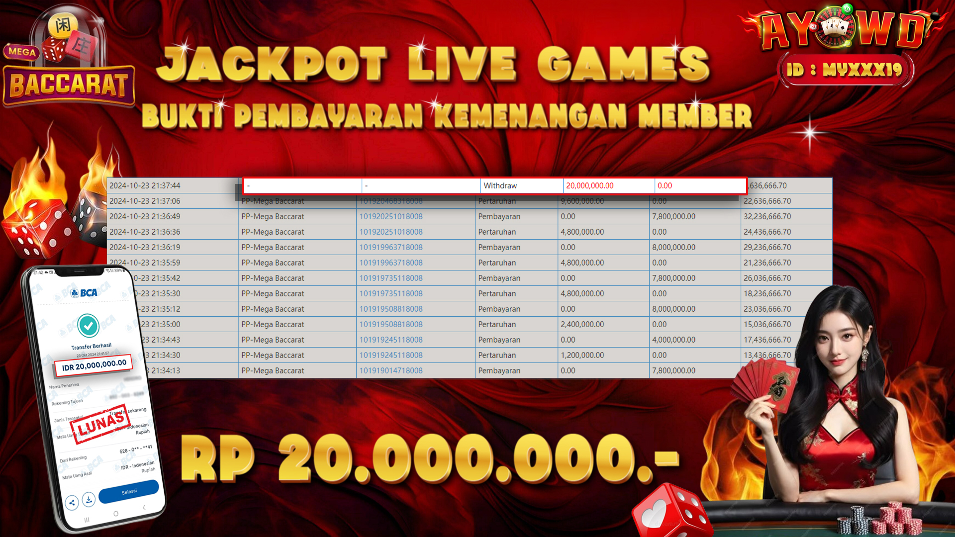 AYOWD JACKPOT LIVE GAMES PP-Mega Baccarat Rp 20,000,000 LUNAS
