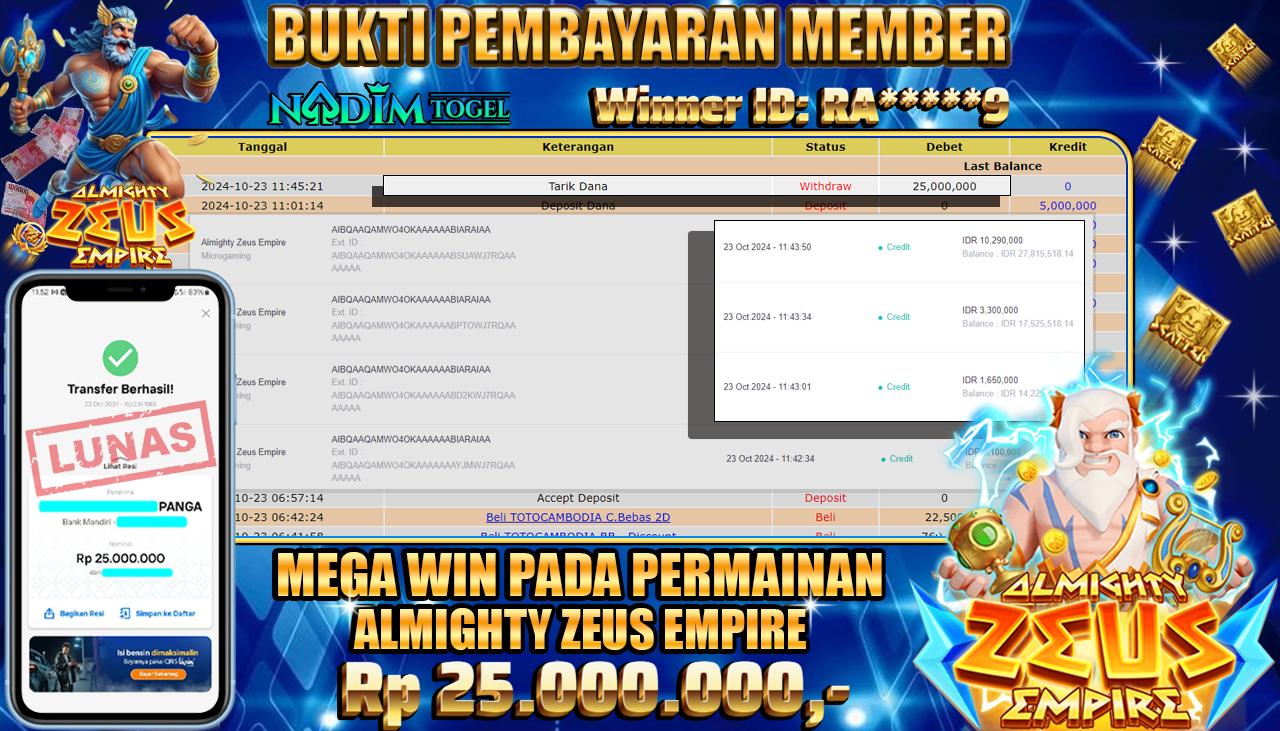 NADIMTOGEL JACKPOT SLOT ALMIGHTY ZEUS EMPIRE Rp 25,000,000- LUNAS