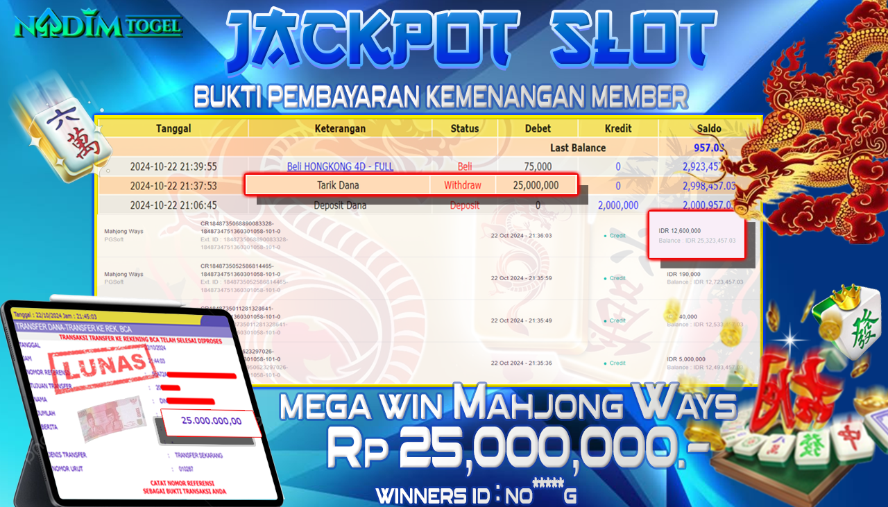 NADIMTOGEL JACKPOT SLOT MAHJONG WAYS Rp 25,000,000- LUNAS
