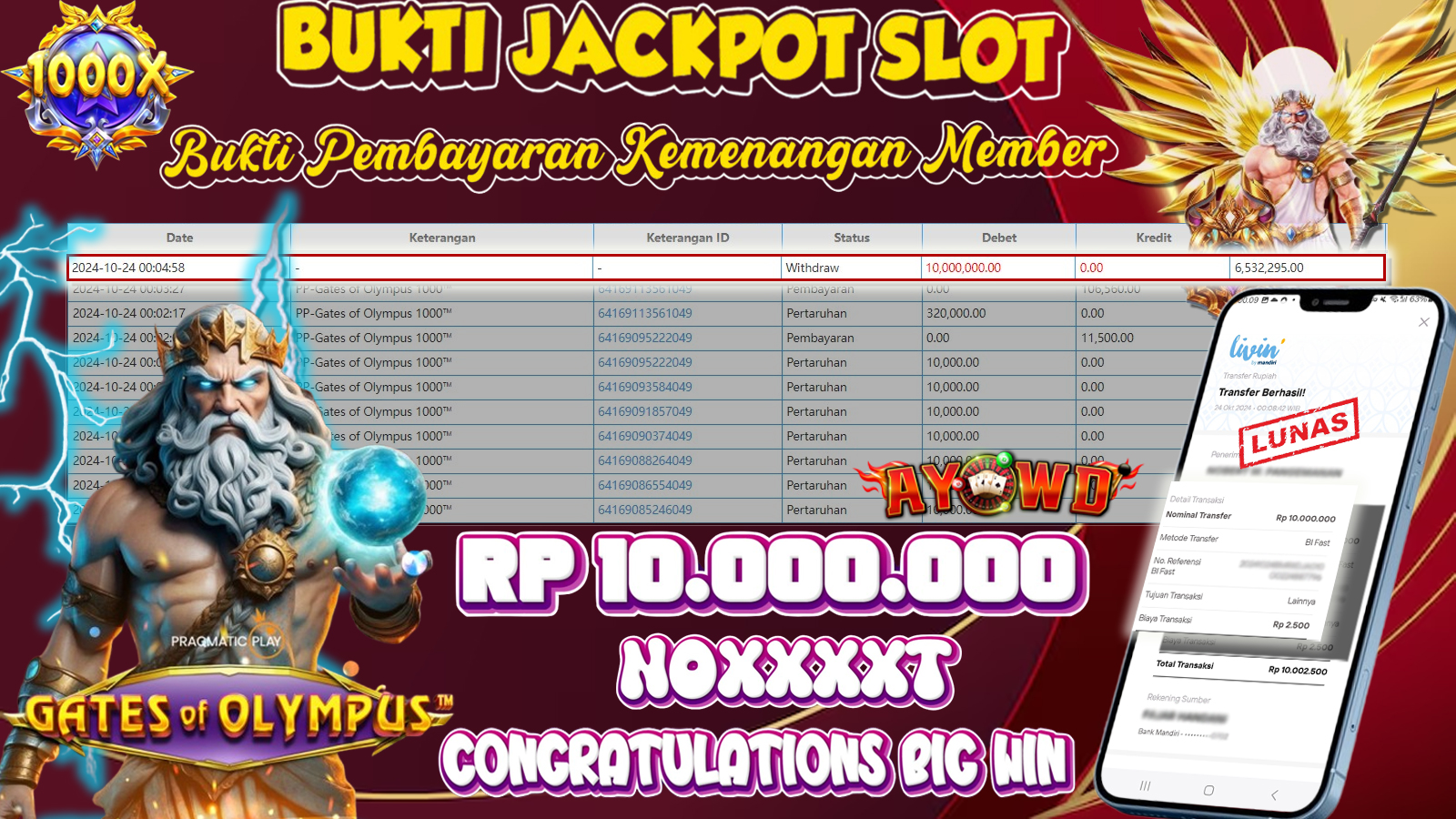 AYOWD JACKPOT SLOT GAME PP-Gates of Olympus 1000™ Rp 10,000,000 LUNAS