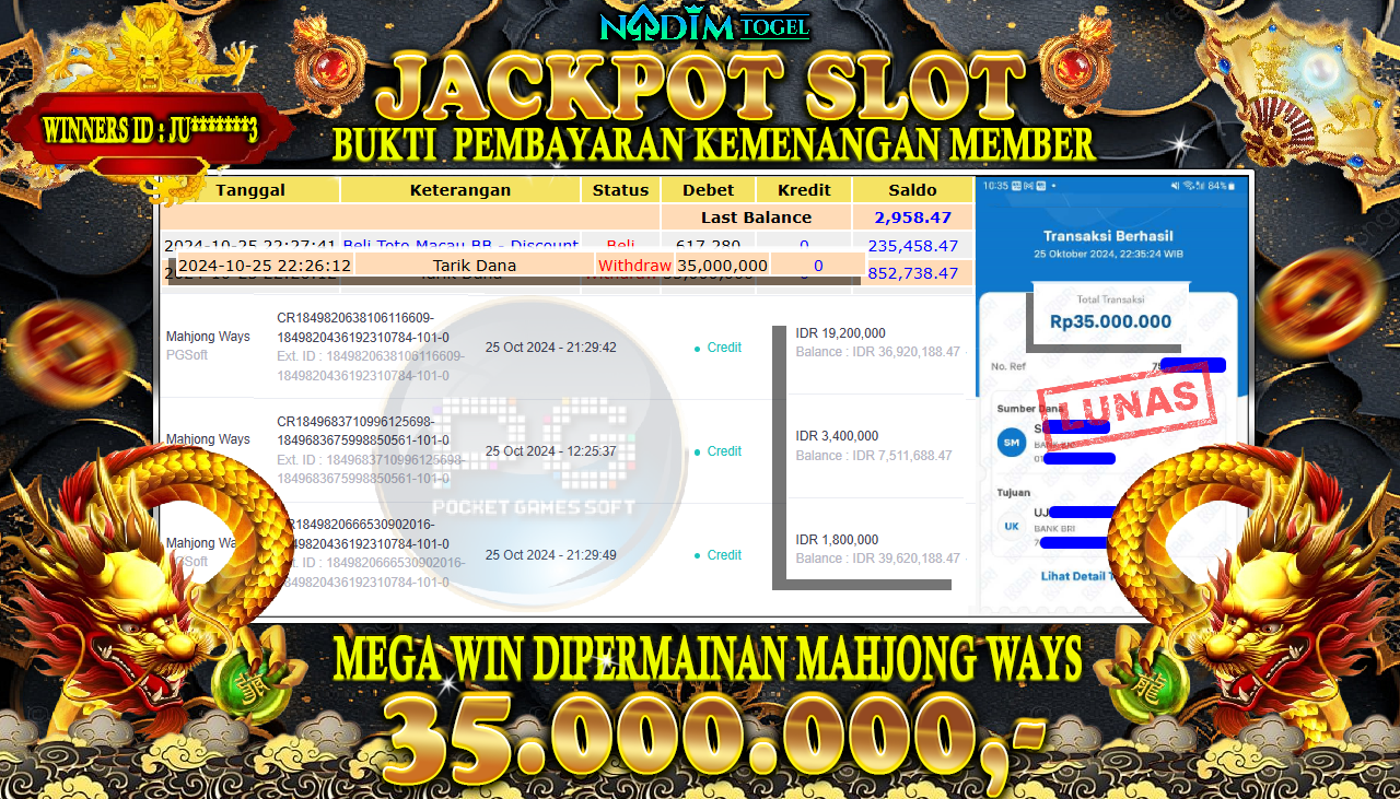 NADIMTOGEL JACKPOT SLOT MAHJONG WAYS Rp 35,000,000- LUNAS