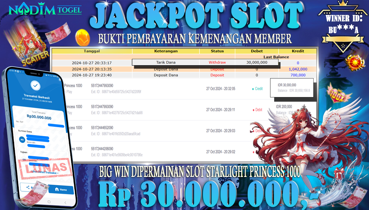 NADIMTOGEL JACKPOT SLOT Starlight Princess 1000 Rp 30.000.000,- LUNAS