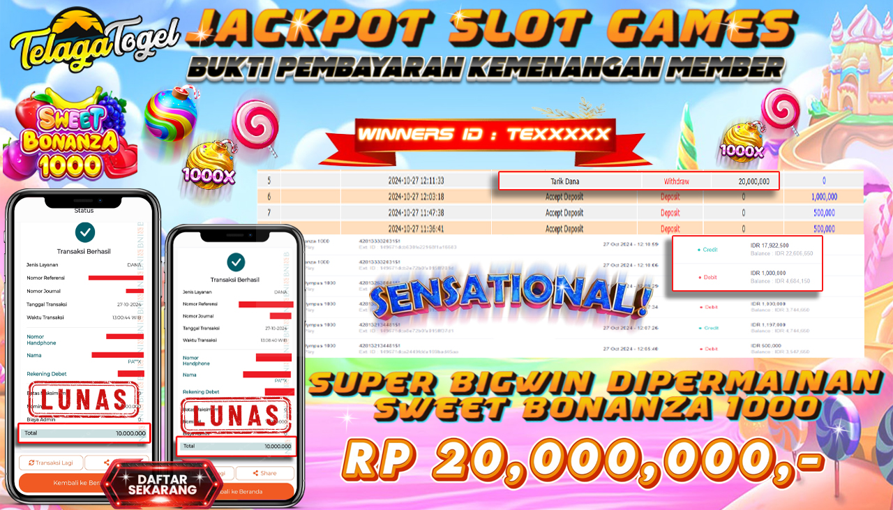 TELAGATOGEL JACKPOT SLOT SWEET BONANZA 1000 Rp 20,000,000,- LUNAS