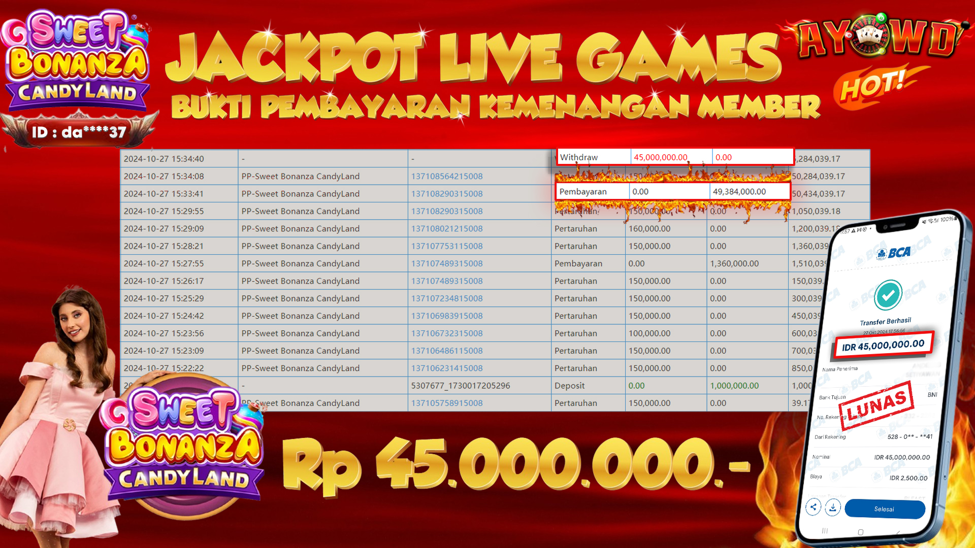 AYOWD JACKPOT LIVE GAMES PP-Sweet Bonanza CandyLand Rp 45,000,000 LUNAS
