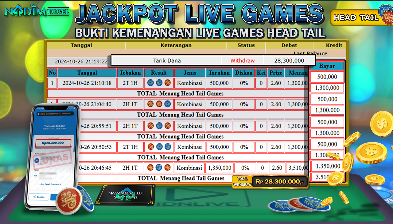NADIMTOGEL JACKPOT LIVEGAMES HEAD&TAILS Rp 28,300,000,- LUNAS