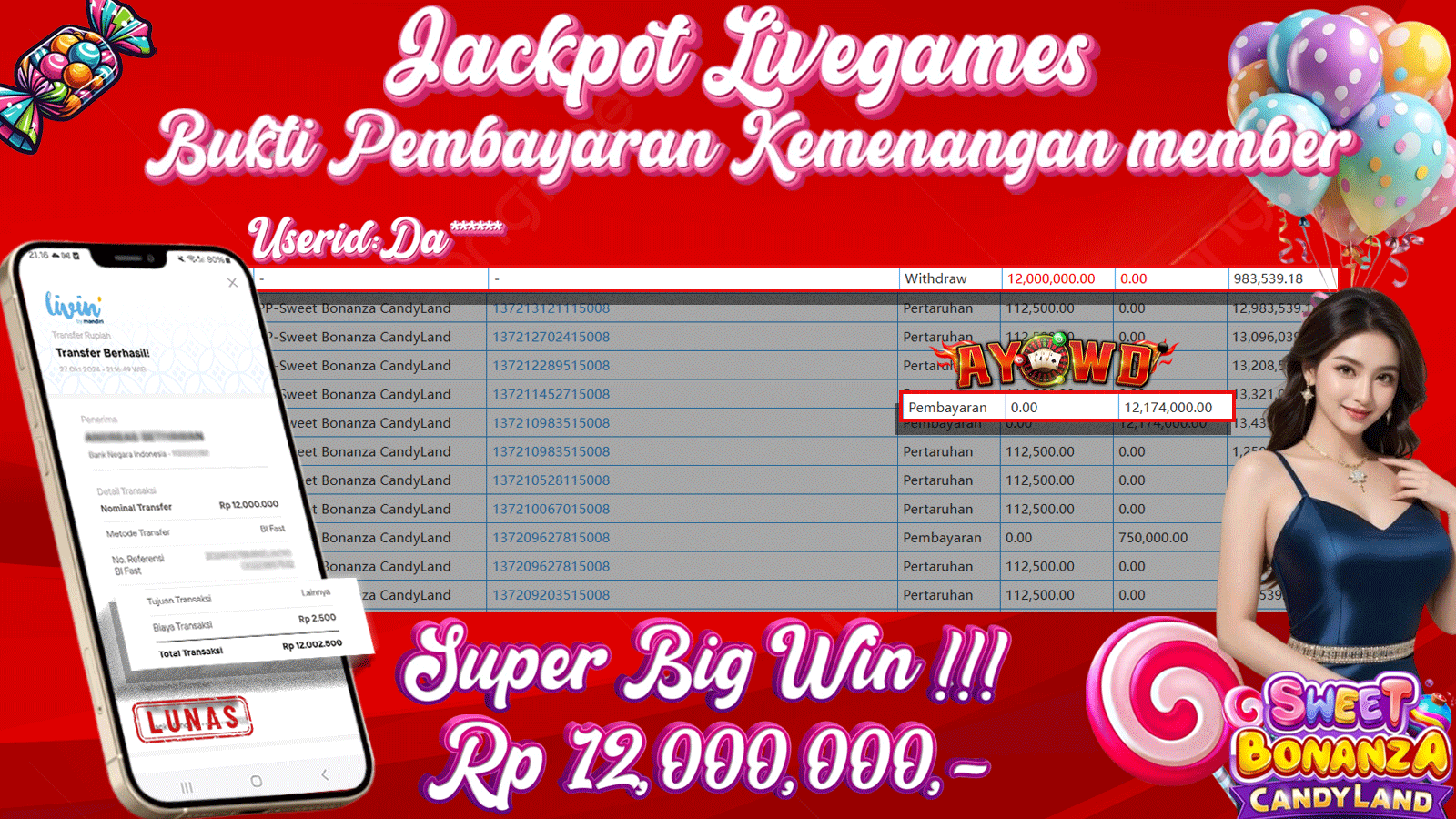 AYOWD JACKPOT LIVE GAMES PP-Sweet Bonanza CandyLand Rp 12,000,000 LUNAS