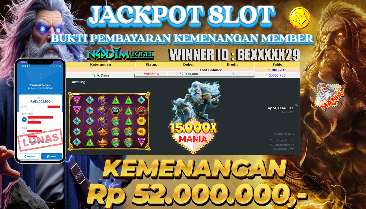 NADIMTOGEL JACKPOT GATES OF OLYMPUS 15.000X Rp.52.000.000,- LUNAS