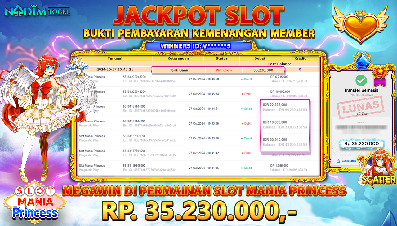 NADIMTOGEL JACKPOT SLOT MANIA PRINCESS Rp 35.250.000,- LUNAS