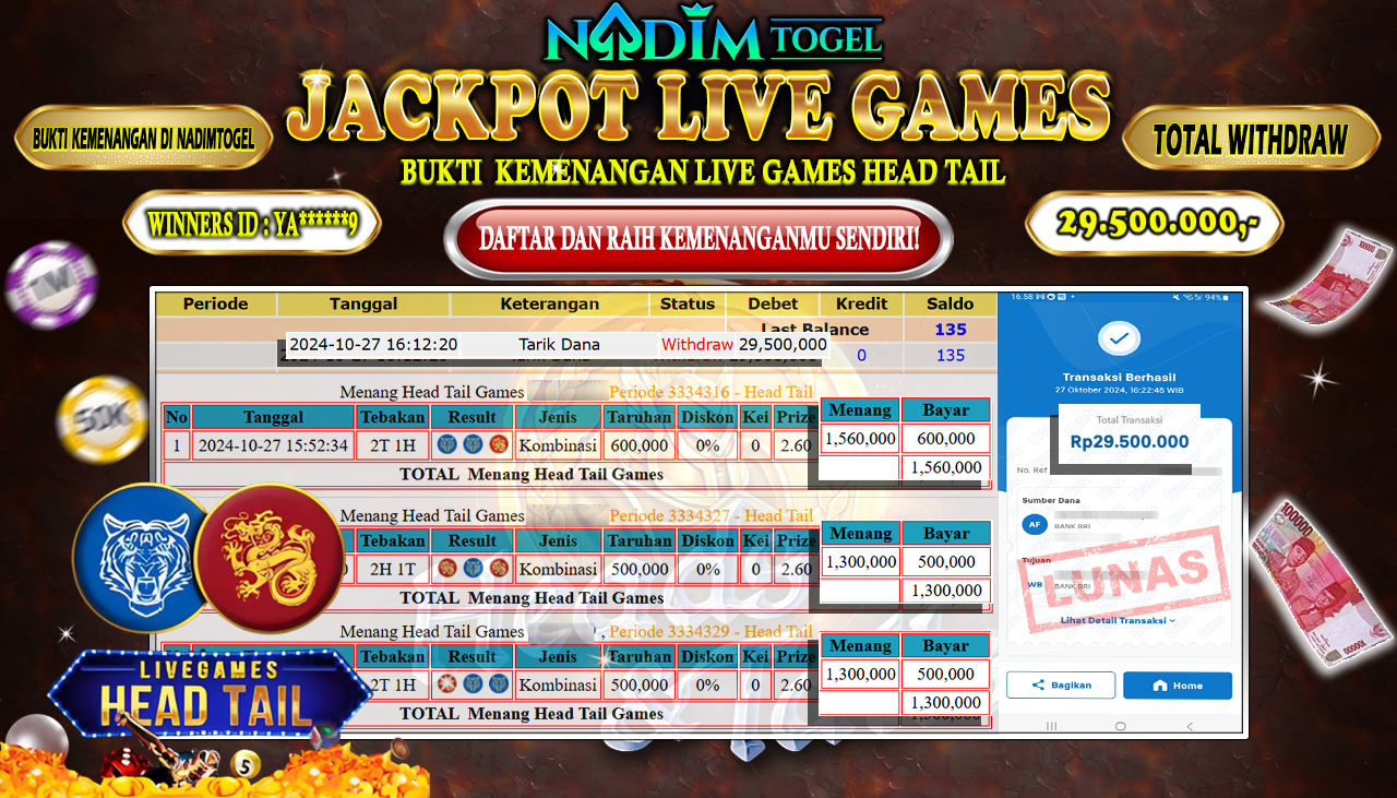 NADIMTOGEL JACKPOT LIVEGAMES HEAD&TAILS Rp 29,500,000,- LUNAS