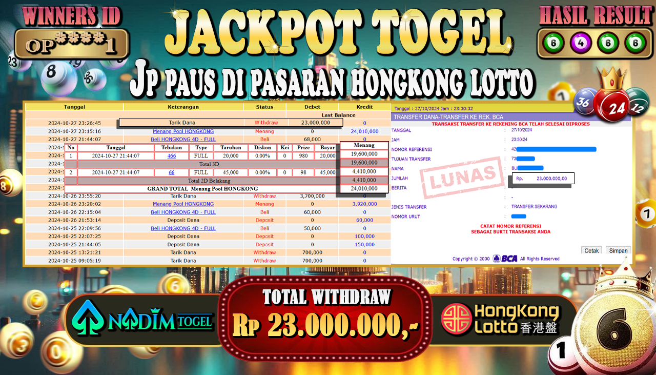 NADIMTOGEL JACKPOT TOGEL PASARAN HONGKONG LOTTO Rp.23,000,000,- LUNAS