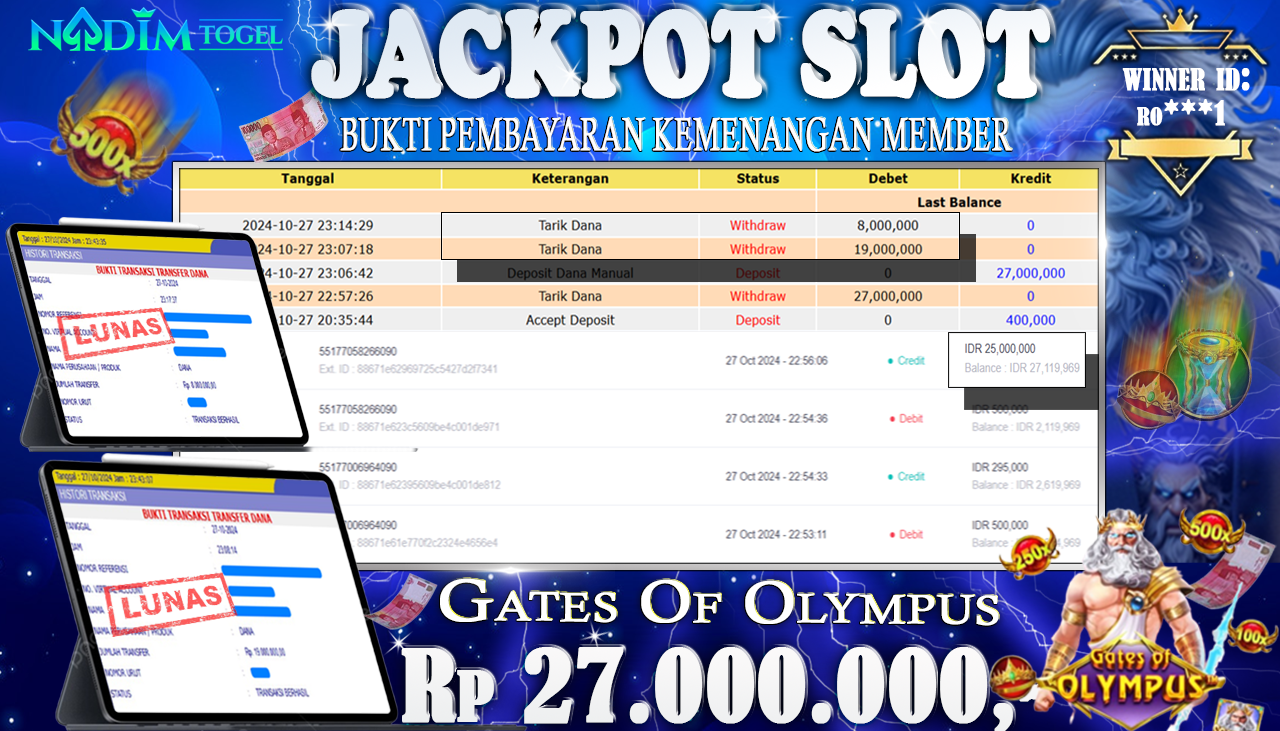 NADIMTOGEL JACKPOT SLOT GATES OF OLYMPUS Rp.27.000.000,- LUNAS