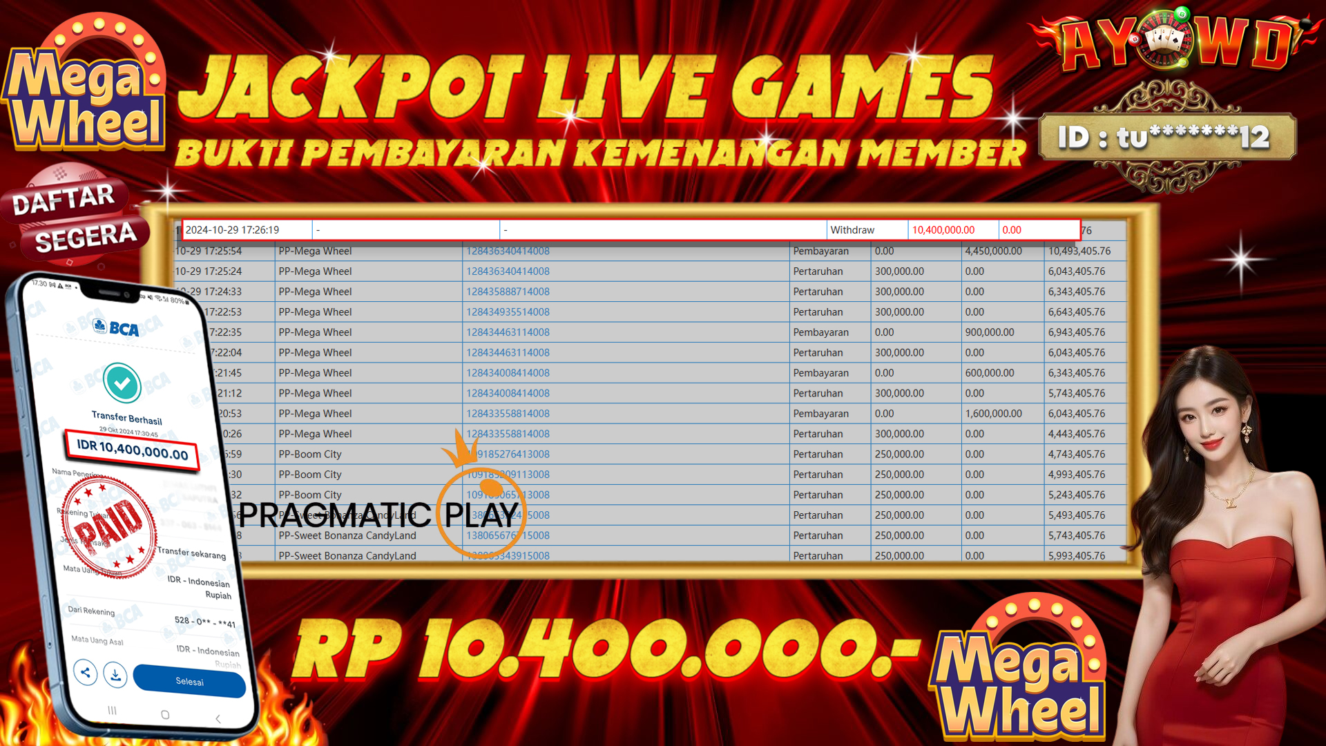 AYOWD JACKPOT LIVE GAMES PP-Mega Wheel Rp 10,400,000 LUNAS