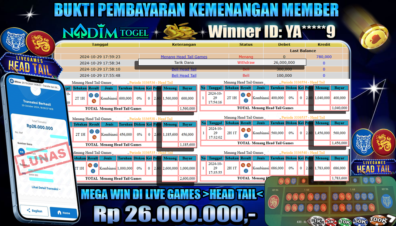 NADIMTOGEL JACKPOT LIVEGAMES HEAD&TAILS Rp 26,000,000,- LUNAS