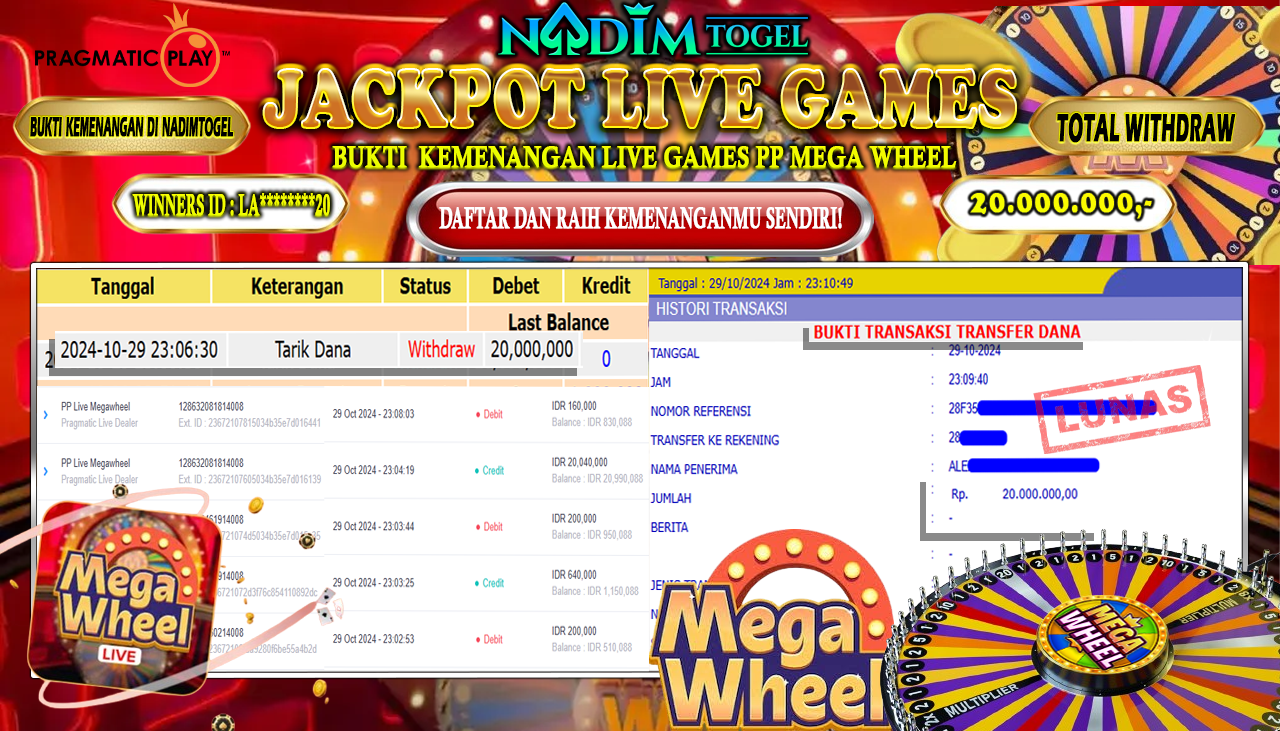 NADIMTOGEL JACKPOT LIVEGAMES PP LIVE Megawheel Rp 20,000,000,- LUNAS