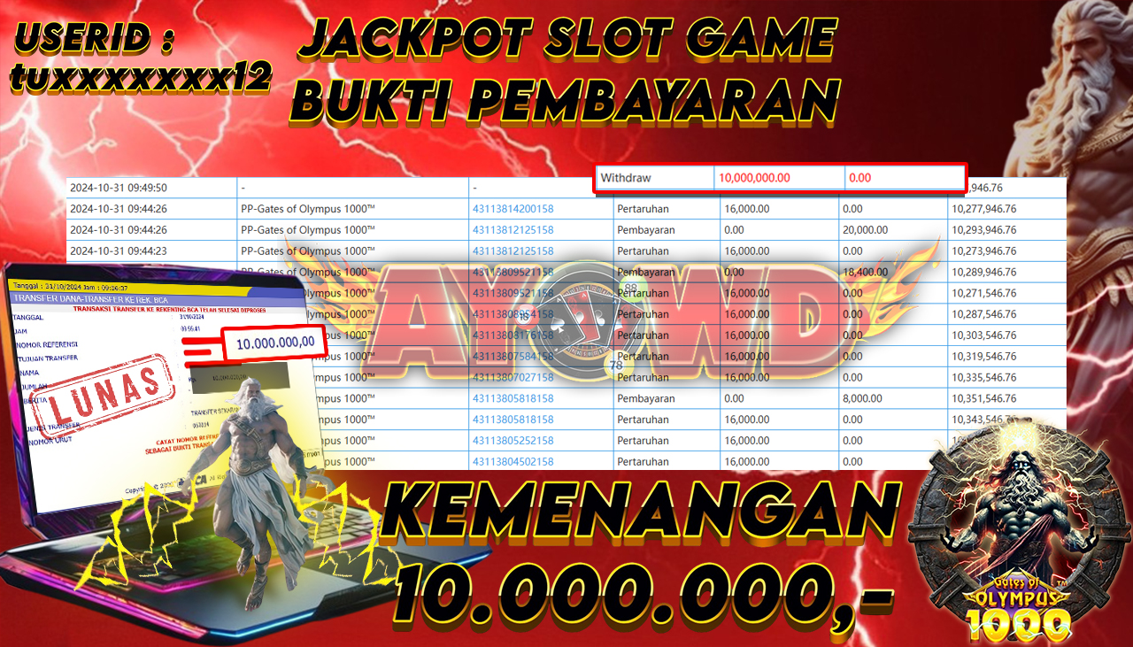 AYOWD JACKPOT SLOT GAMES PP-Gates of Olympus 1000™ Rp 18,000,000 LUNAS