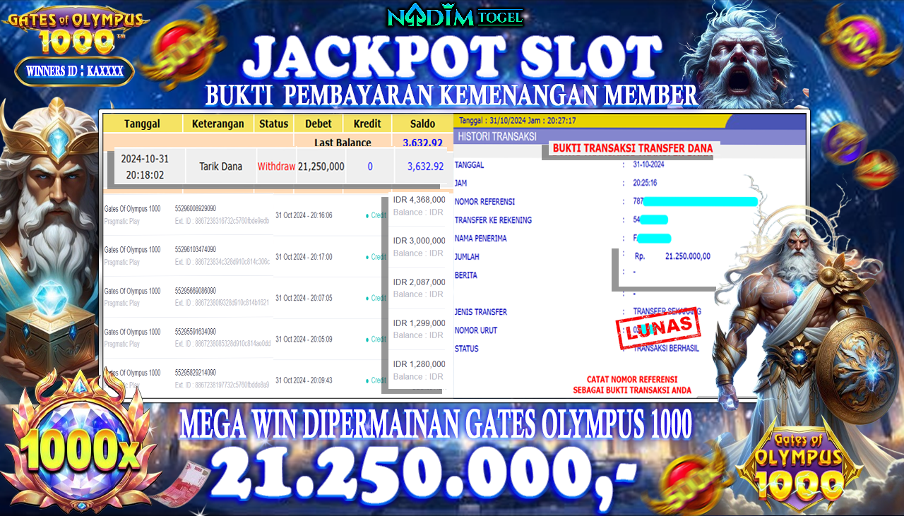 NADIMTOGEL JACKPOT SLOT GATES OLYMPUS 1000 Rp 21,250,000,- LUNAS