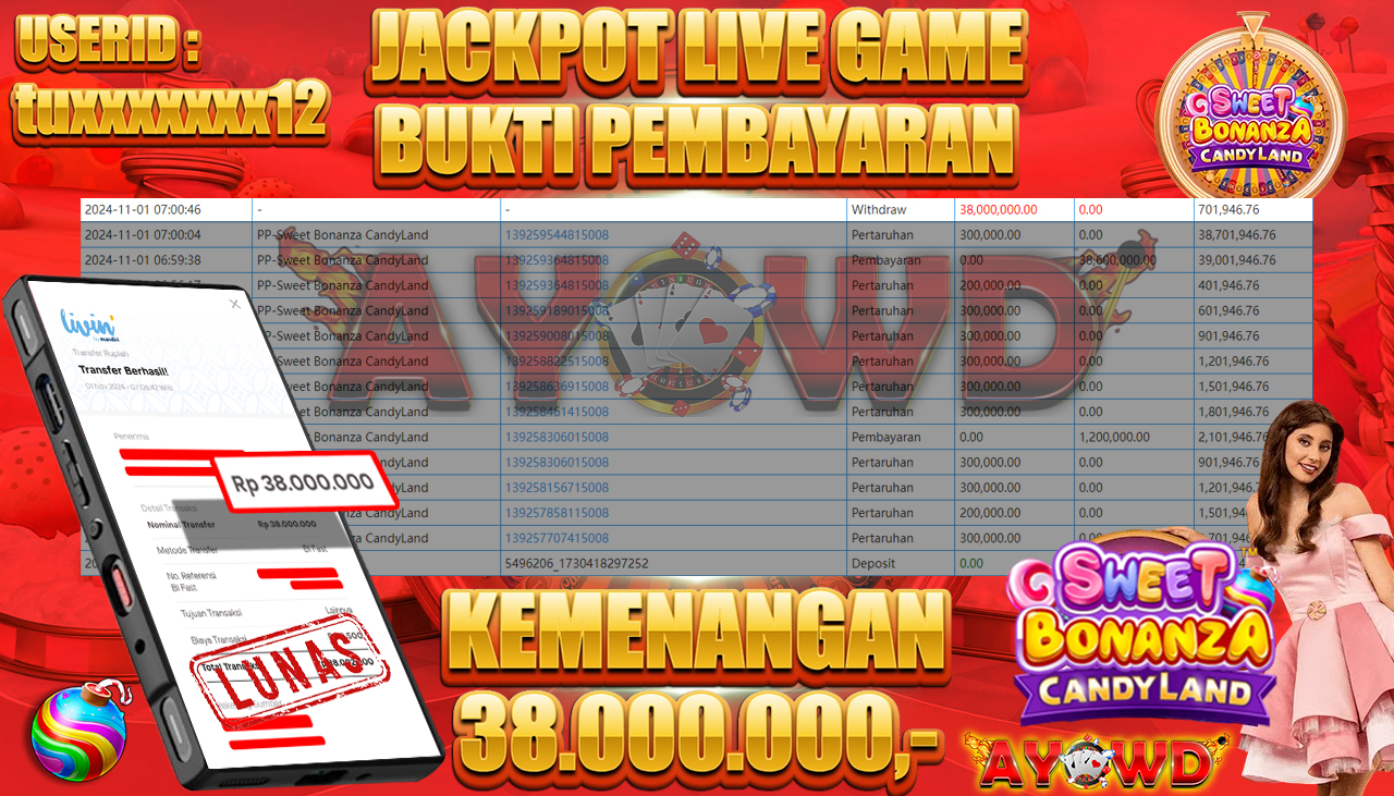 AYOWD JACKPOT LIVE GAMES PP-Sweet Bonanza CandyLand Rp 38,000,000 LUNAS