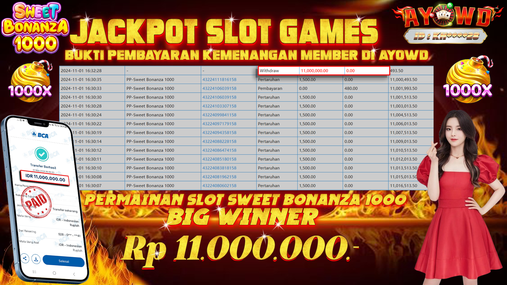 AYOWD JACKPOT SLOT GAMES PP-Sweet Bonanza 1000 Rp 11,000,000 LUNAS