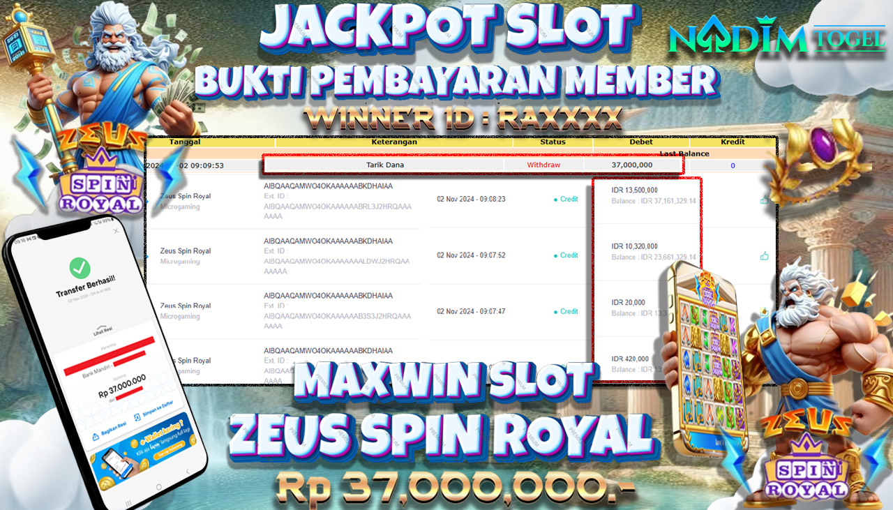 NADIMTOGEL JACKPOT SLOT ZEUS SPIN ROYAL Rp 37,000,000,- LUNAS
