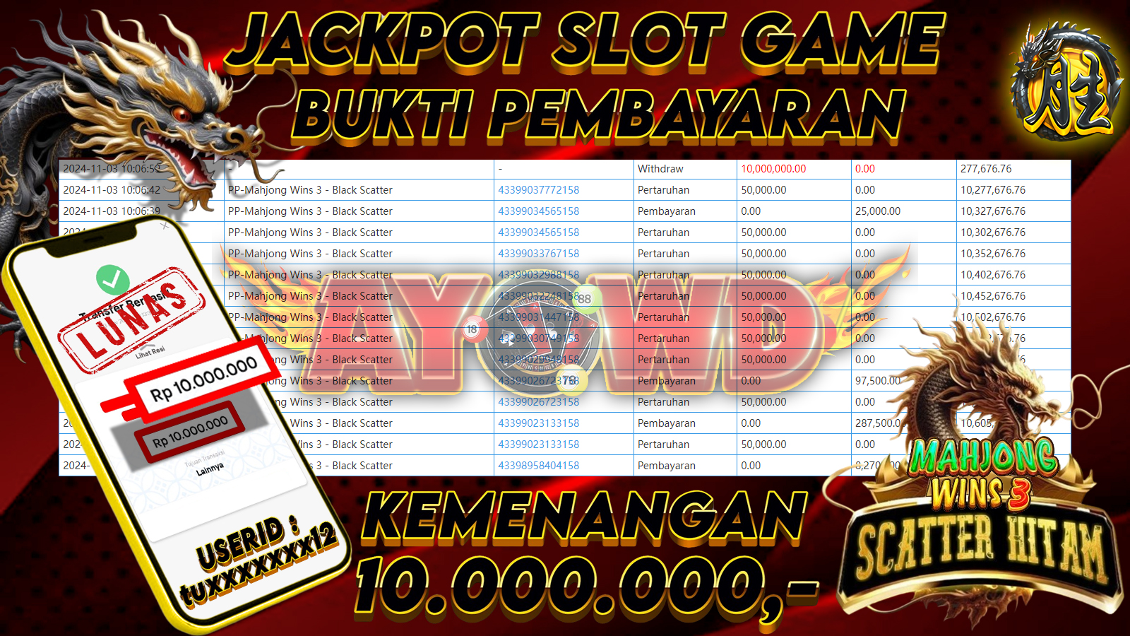 AYOWD JACKPOT SLOT GAMES PP-Mahjong Wins 3 - Black Scatter Rp 10,000,000 LUNAS