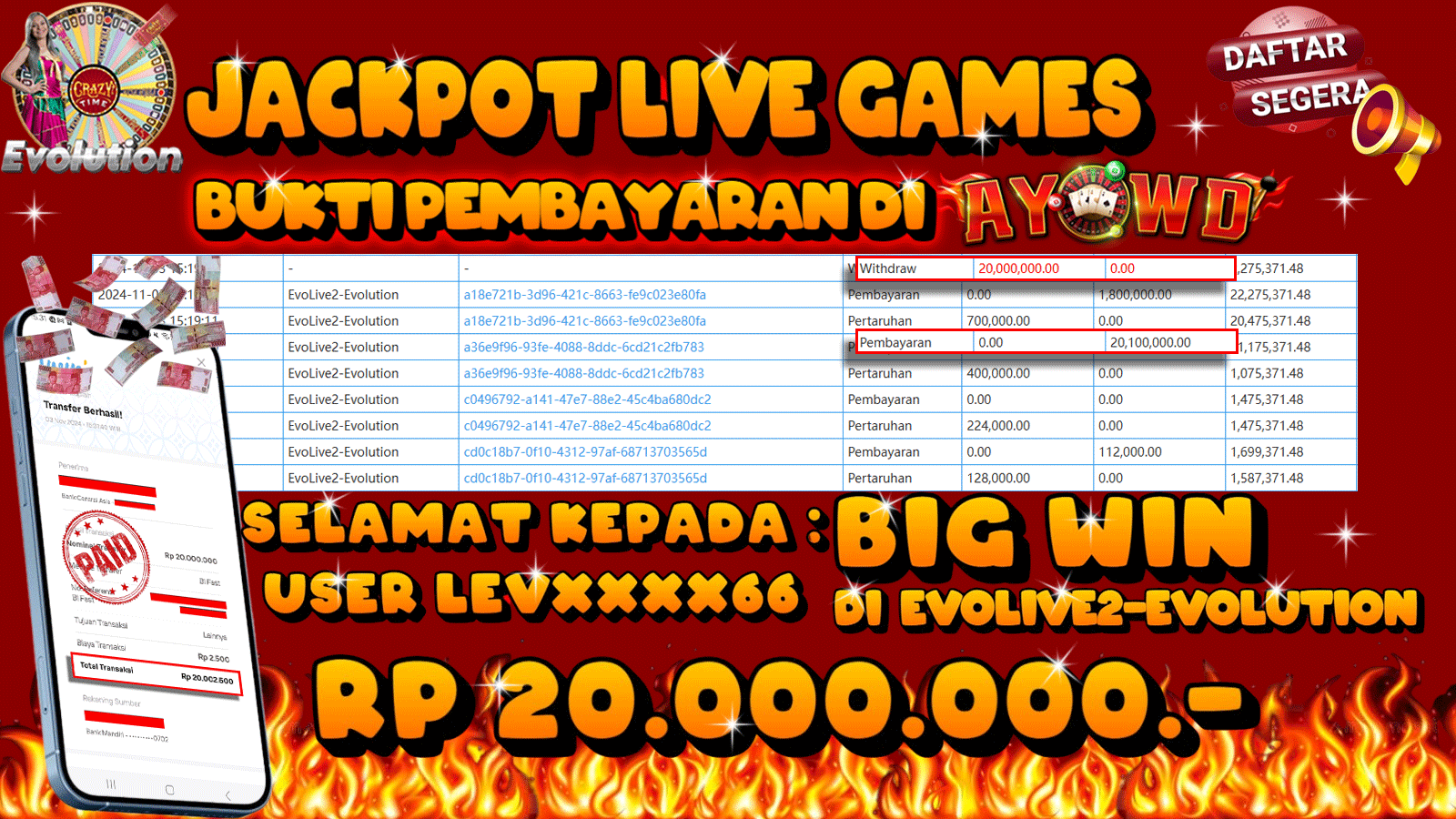AYOWD JACKPOT LIVE GAMES EvoLive2-Evolution Rp 20,000,000 LUNAS