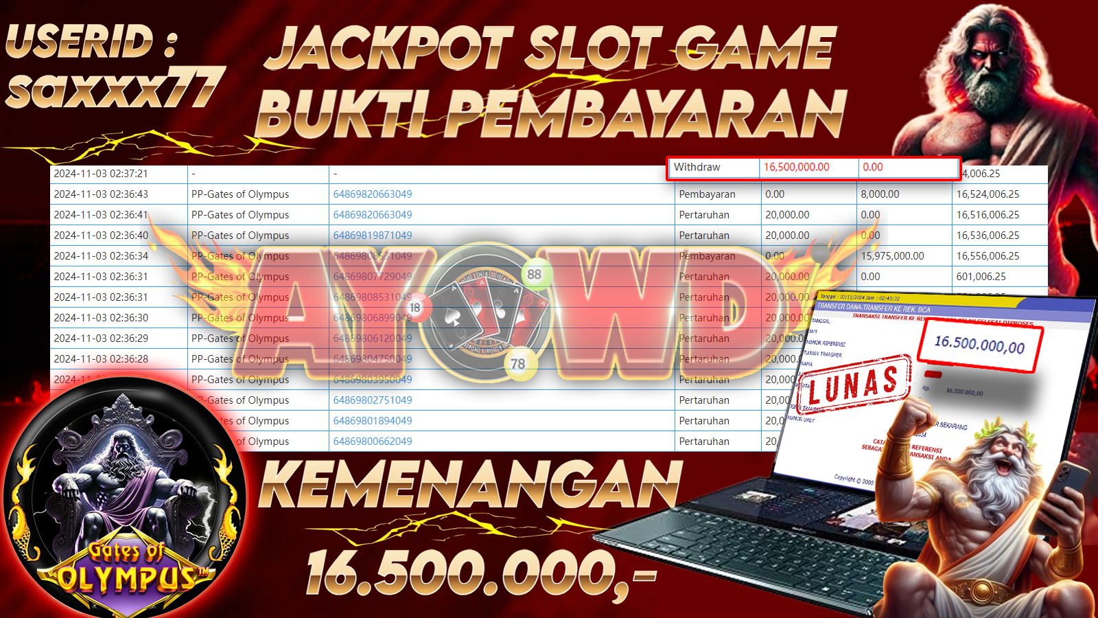 AYOWD JACKPOT SLOT GAMES PP-Gates of Olympus Rp 16,500,000 LUNAS